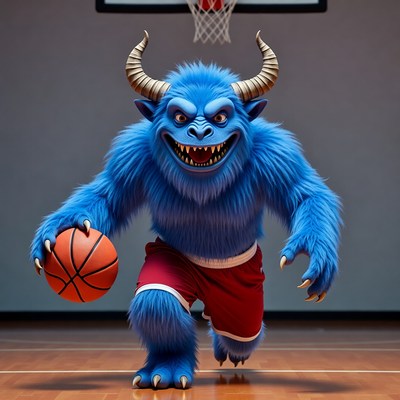 Blue furry monster dribbling basketball