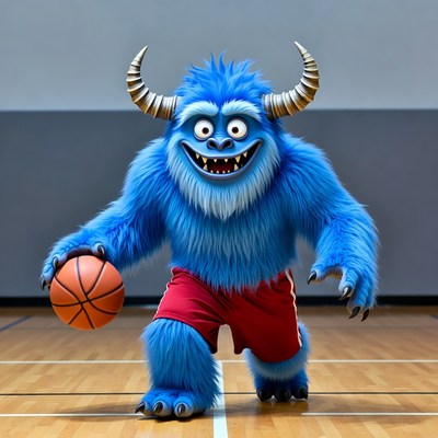 Blue furry monster holding basketball