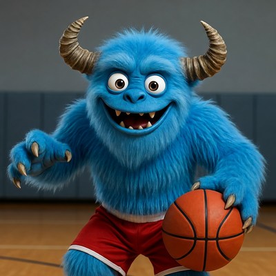 Blue furry monster holding basketball