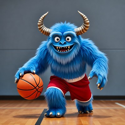 Blue furry monster holding basketball