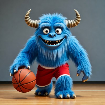 Blue furry monster holding basketball