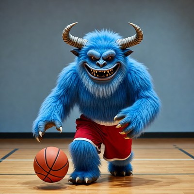Blue furry monster dribbling basketball