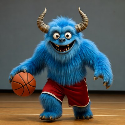 Blue furry monster holding basketball