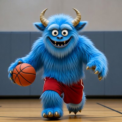 Blue furry monster dribbling basketball