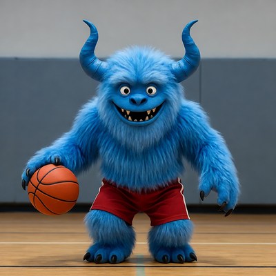 Blue furry monster holding basketball
