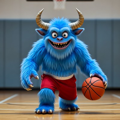 Blue furry monster holding basketball