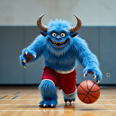 Blue furry monster dribbling basketball