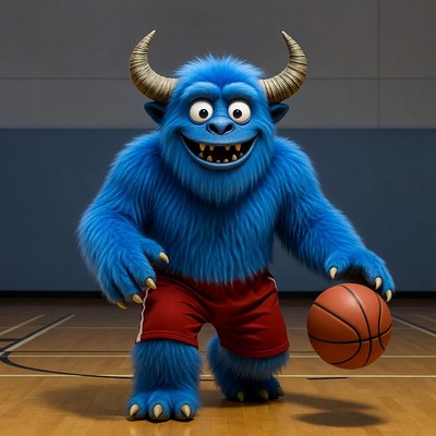 Blue furry monster dribbling basketball