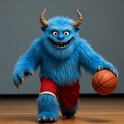 Blue furry monster holding basketball