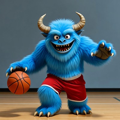 Blue furry monster holding basketball