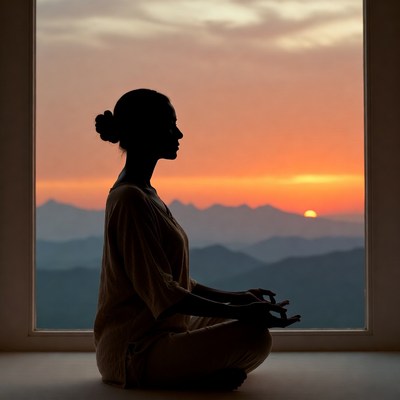 Silhouette woman meditating at sunset window