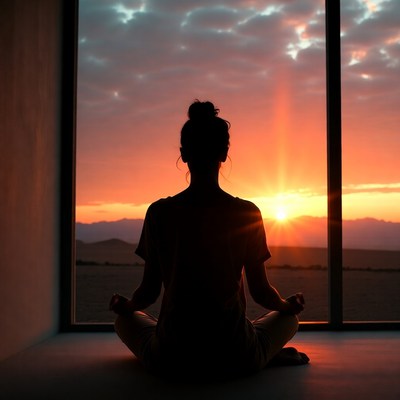 Woman meditating at sunset window