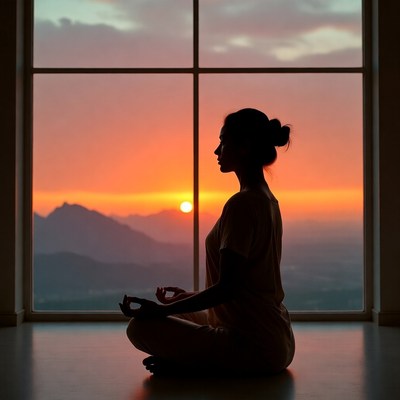 Silhouette woman meditating at sunset window