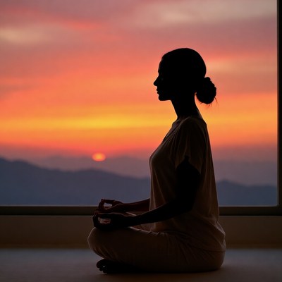 Silhouette woman meditating at sunset