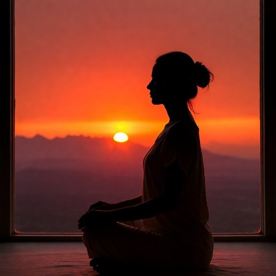 Silhouette woman meditating at sunset window