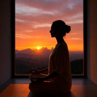 Woman meditating at window during sunset