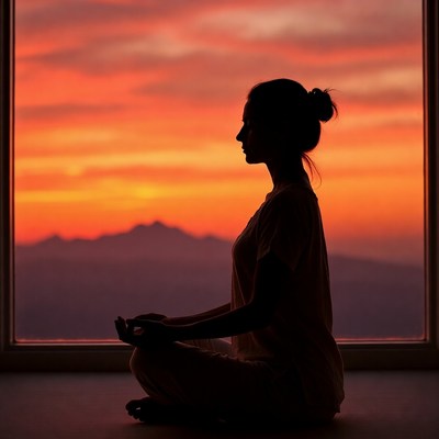 Woman meditating silhouette sunset window