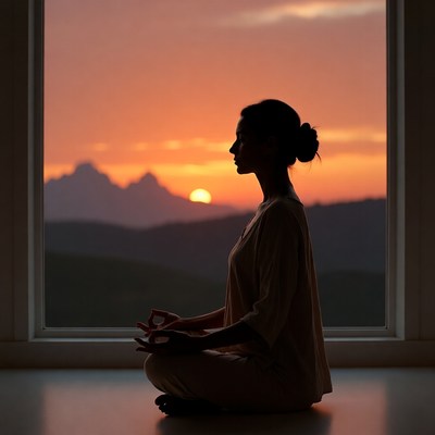 Silhouette woman meditating at sunset window