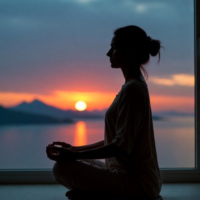 Woman meditating by window at sunset