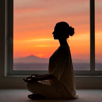 Silhouette woman meditating by sunset window