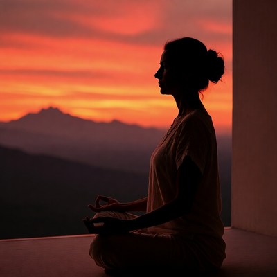 Woman meditating at sunset silhouette
