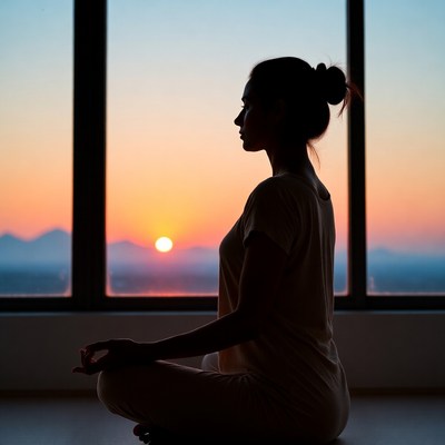 Woman meditating silhouette sunset window