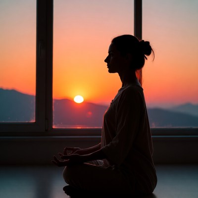 Woman meditating at sunset window