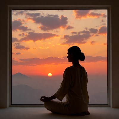 Woman meditating by sunset window