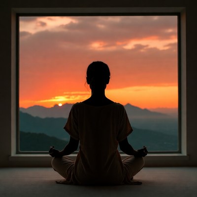 Woman meditating by sunset window