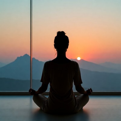 Woman meditating at sunset through window