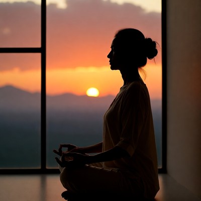 Silhouette woman meditating at sunset window