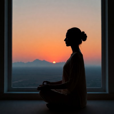 Woman meditating by window at sunset