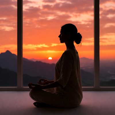 Woman meditating at sunset window