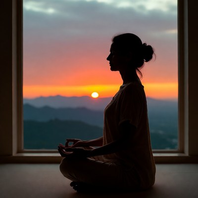 Woman meditating at sunset window
