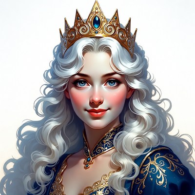 White-haired woman wearing golden crown