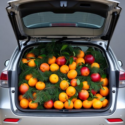 Car Trunk Filled with Oranges and Greens
