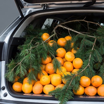 Car Trunk Filled with Oranges and Fir Branches