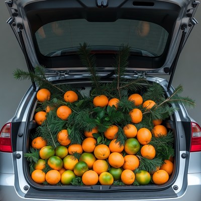 Car Trunk Filled with Oranges and Greenery