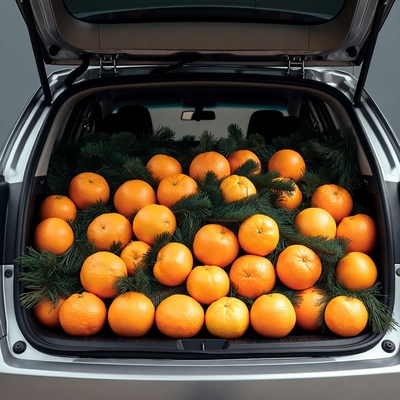 Oranges and Christmas Branches in Car Trunk