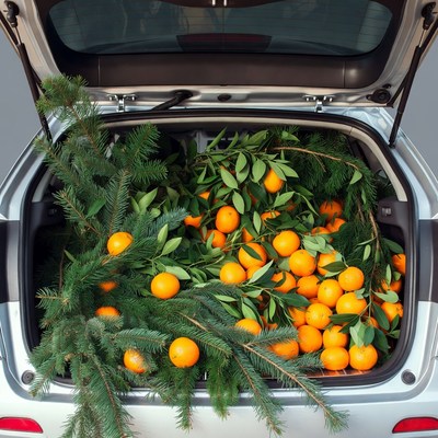 Car Trunk Filled with Oranges and Fir Branches