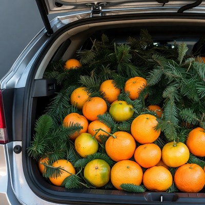 Car Trunk Filled with Oranges and Pine Branches