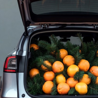 Oranges and Christmas Branches in Car Trunk