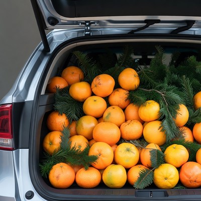 Car Trunk Filled with Oranges and Fir Branches