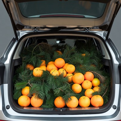 Car Trunk Filled with Oranges and Greenery
