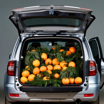 Car Trunk Filled with Oranges and Greenery