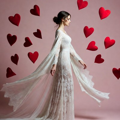 Woman in lace gown with floating hearts