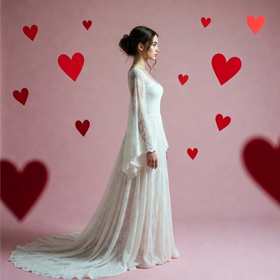 Woman in white lace gown with hearts