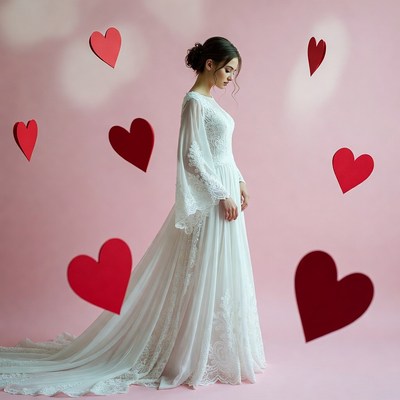 Asian woman in white lace gown with hearts