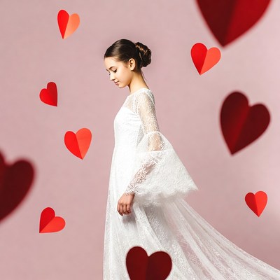 Woman in white lace gown with floating hearts