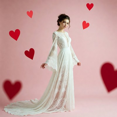 Woman in white lace gown with hearts